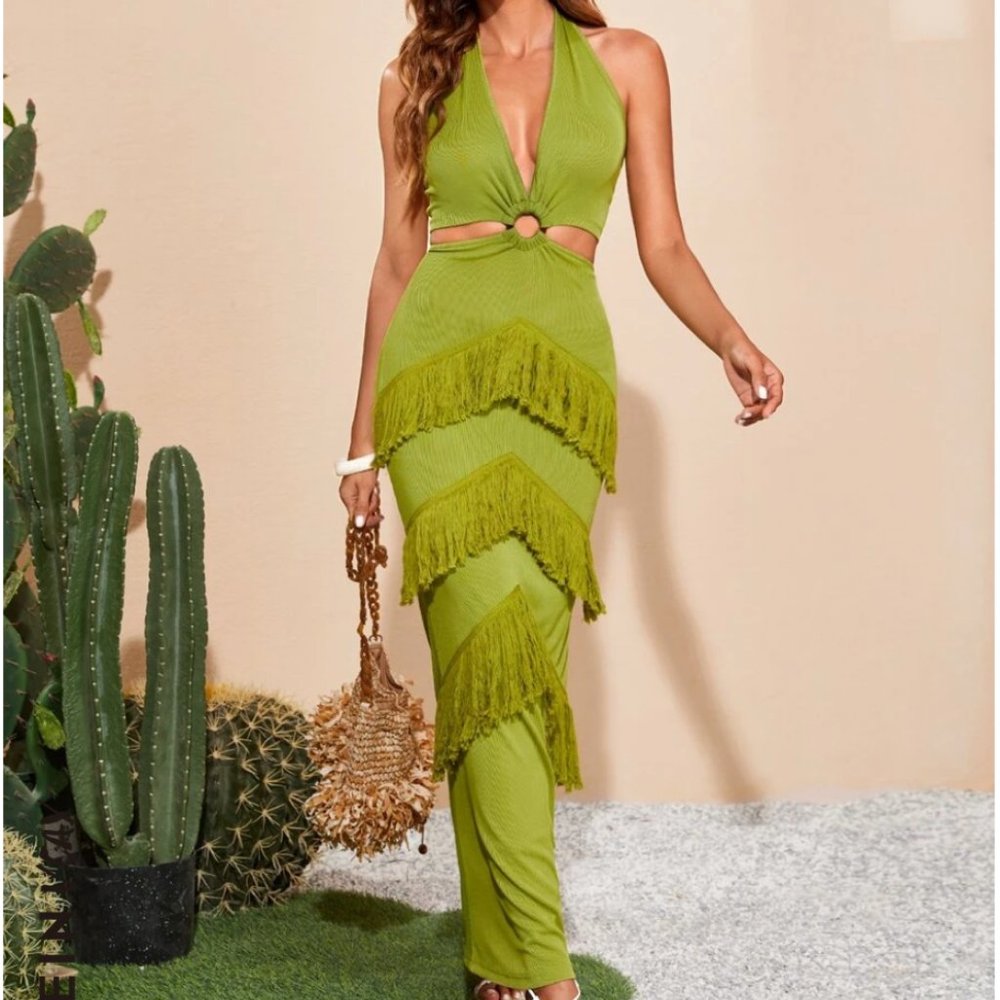 COPY - VCAY Plunging Neck O-ring Detail Fringe Trim Dress